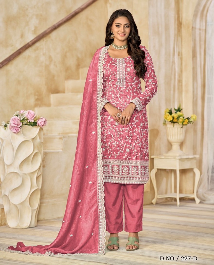 227-pink - Crush Straight Suit with Embroidered Work in Salmon